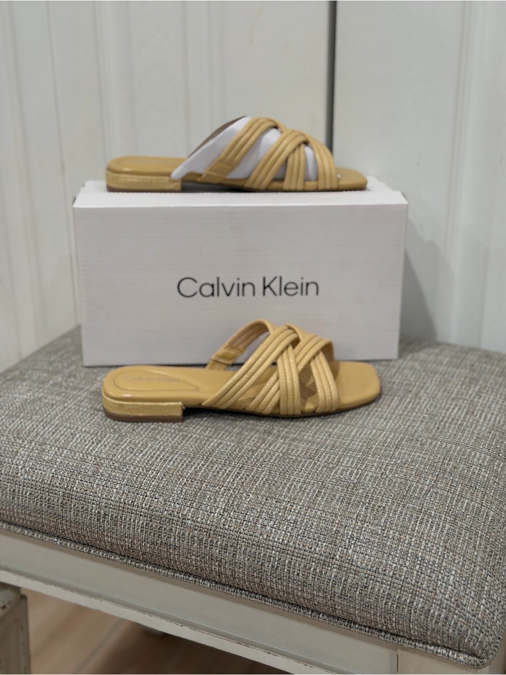 Calvin Klein Woven Strap Slide Sandals in Tan